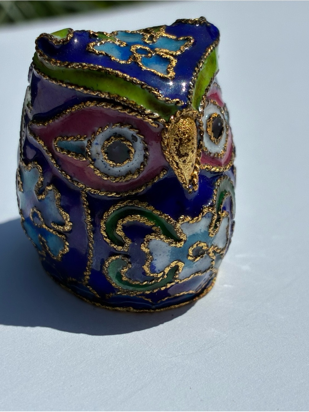 Cloisonné Owl Trinket Box - Blue, Green, Pink, Gold Accent